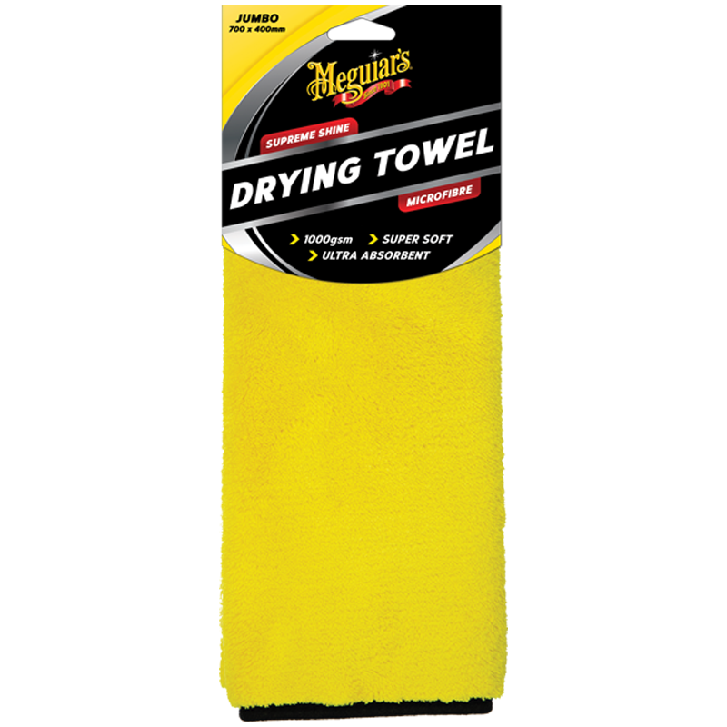 Meguiar's Supreme Shine Jumbo Drying Towel packaging, predominantly yellow and black in color.