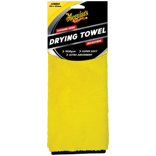 Meguiar's Supreme Shine Jumbo Drying Towel packaging, predominantly yellow and black in color.