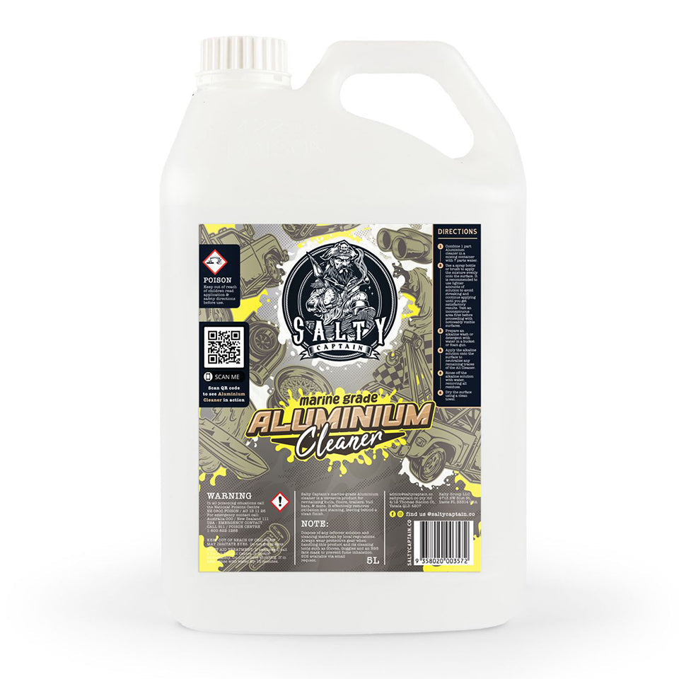 A 5-liter container of Salty Captain Aluminium Cleaner with a label featuring the brand name, product name, and additional information.