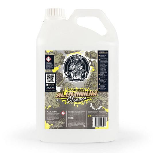 A 5-liter container of Salty Captain Aluminium Cleaner with a label featuring the brand name, product name, and additional information.