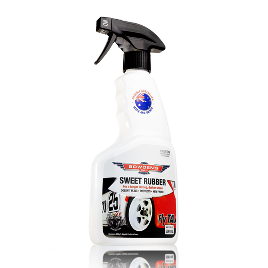 A bottle of Bowden's Own Sweet Rubber Tyre Shine with a spray nozzle, predominantly white with product information and branding.
