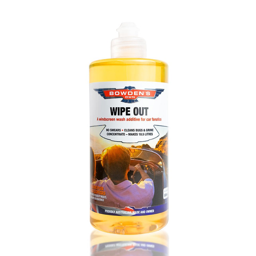 Bottle of Bowden's Wipe Out windshield wash additive on a white background