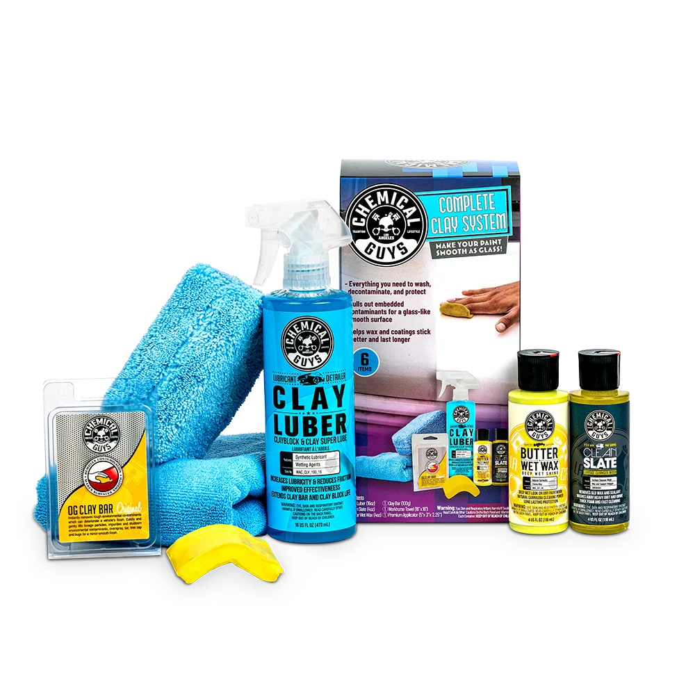 Collection of Chemical Guys car care products including a spray bottle, towel, and boxes on a white background.