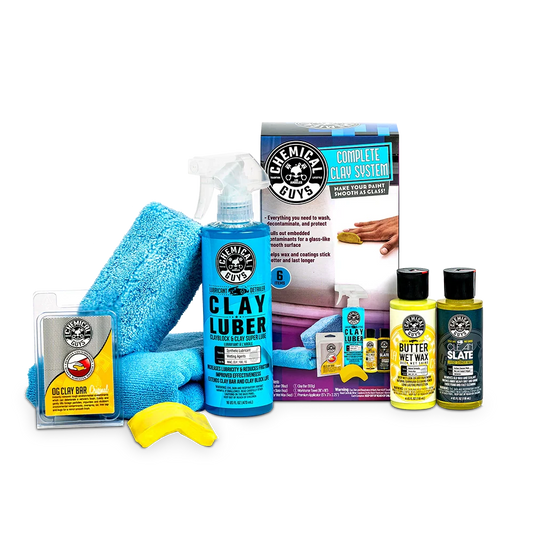 Collection of Chemical Guys car care products including a spray bottle, towel, and boxes on a white background.