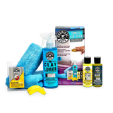 Collection of Chemical Guys car care products including a spray bottle, towel, and boxes on a white background.