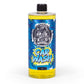 A bottle of Salty Captain Car Wash with a label featuring a cartoon character and a splash of blue and yellow colors.