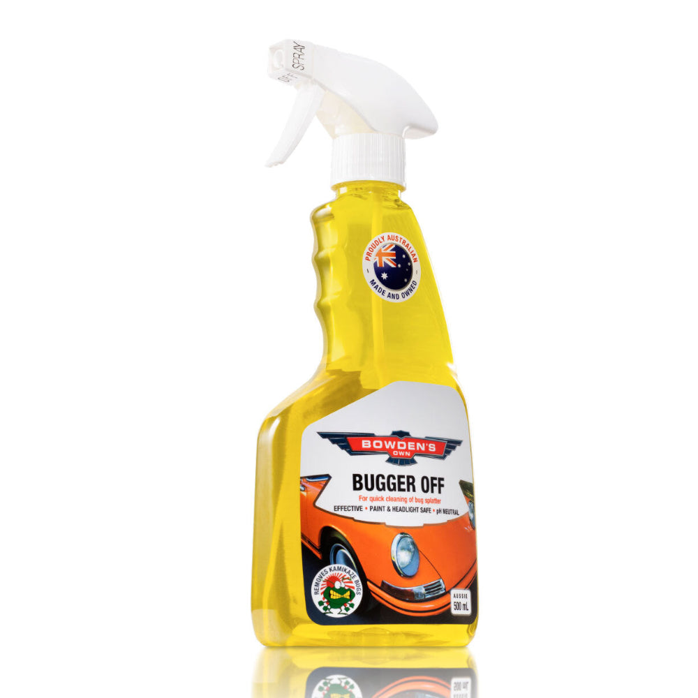 A yellow spray bottle with a label reading 'Bugger Off', indicating it is a bug cleaning product.