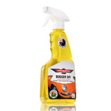A yellow spray bottle with a label reading 'Bugger Off', indicating it is a bug cleaning product.