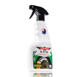 A white spray bottle with a label featuring the product name 'Ta Ta Tar' and an image of a car wheel, indicating its use for cleaning vehicle tar deposits.