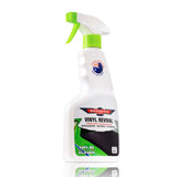 A spray bottle of Bowden's Own Vinyl Revival, primarily white in color with green accents and a label detailing the product name and use.