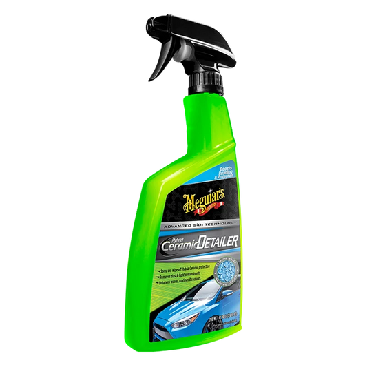 Green spray bottle with black nozzle labeled 'Meguiar's Ceramic Detailer' on a white background