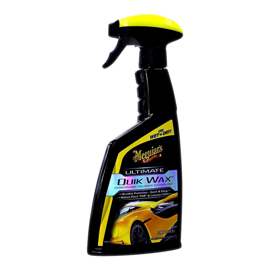 A black bottle of Meguiar's Ultimate Quik Wax with yellow details and a yellow car on the label.