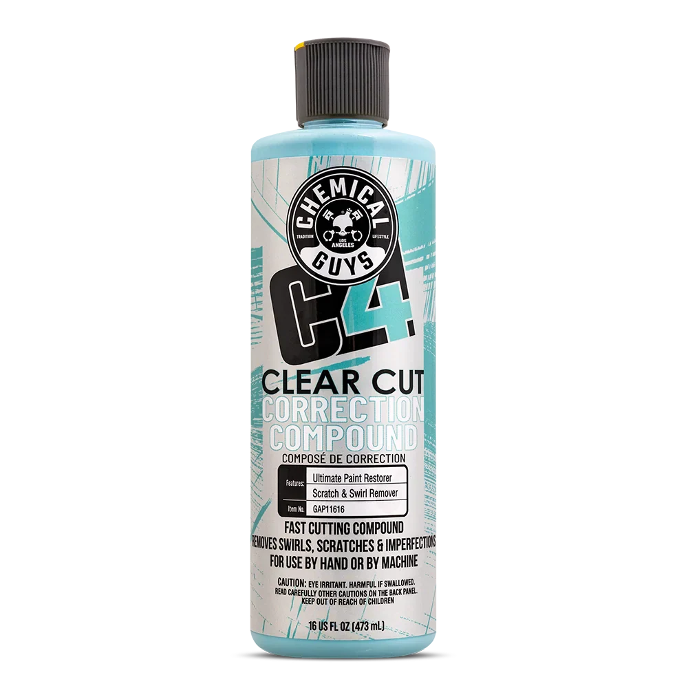Bottle of Chemical Guys Clear Cut Correction Compound on a white background