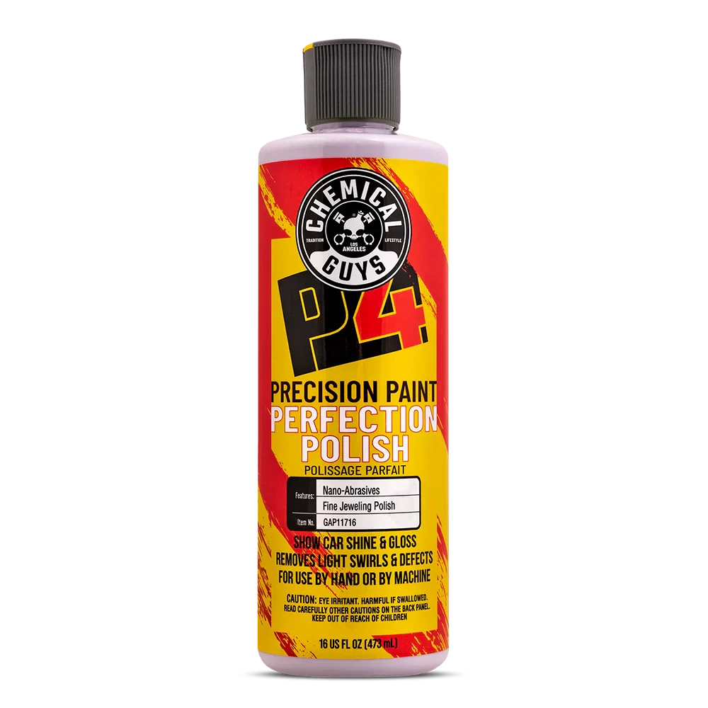 Bottle of Chemical Guys P4 Precision Paint Perfection Polish on a white background