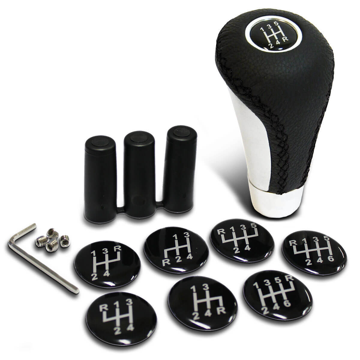 SAAS Black Leather Gear Knob with Aluminium Insert and 8 Shift Pattern Stickers - SGKAL