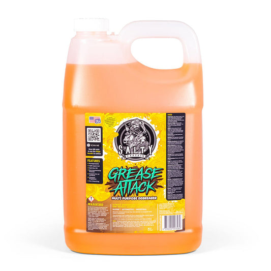 A 5L orange plastic container of Salty Captain Grease Attack Multi-Purpose Citrus Degreaser and Cleaner with label and cap.