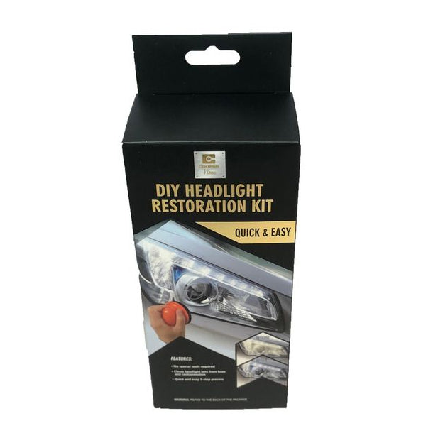 A black package of the Cooper Kleen DIY Headlight Restoration Kit with an image of a car headlight on the front, indicating the product's use for restoring vehicle headlights.