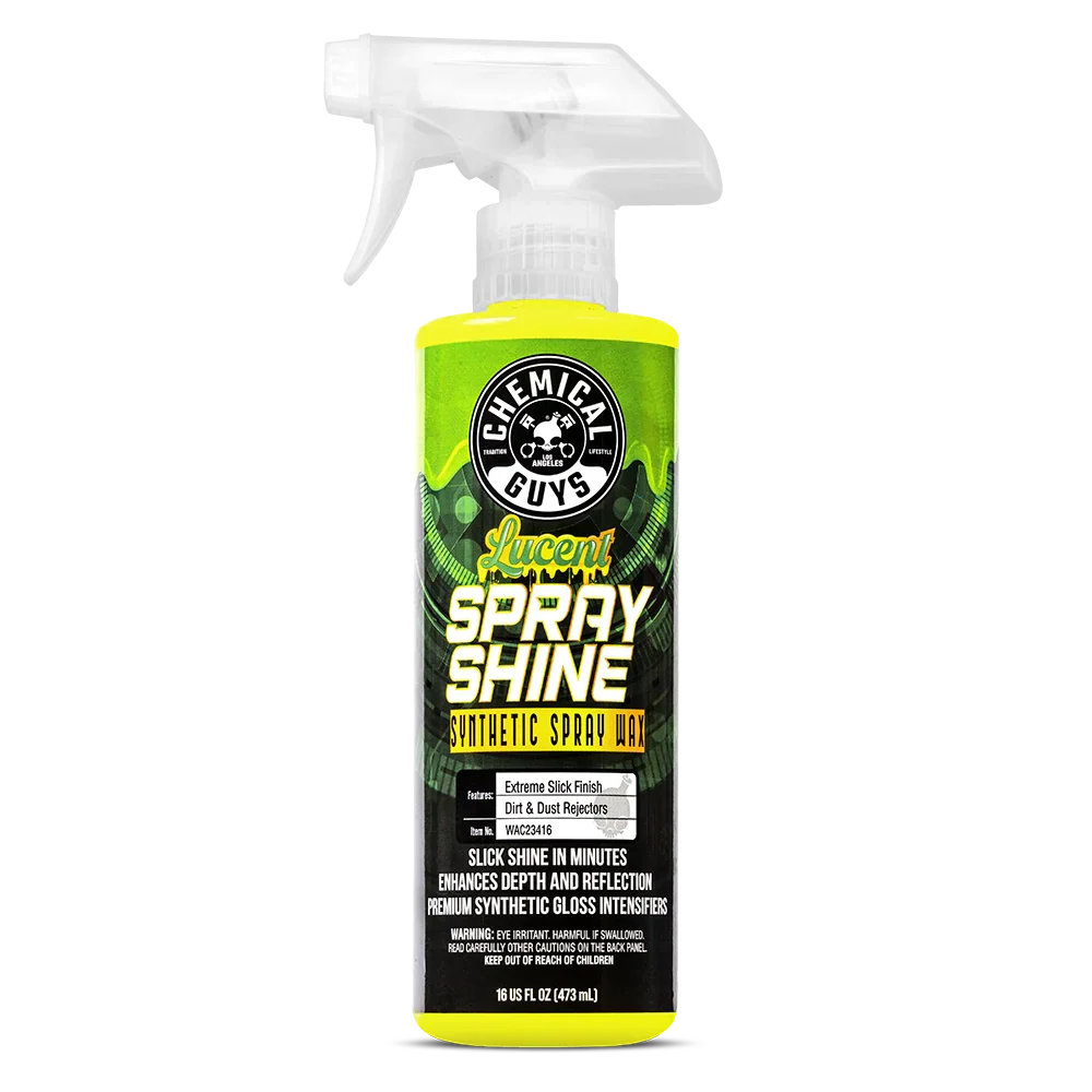 Spray bottle labeled 'Chemical Guys' on a white background. It has a green label with yellow liquid.
