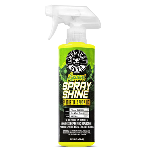 Spray bottle labeled 'Chemical Guys' on a white background. It has a green label with yellow liquid.