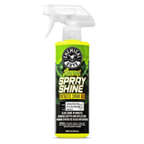 Spray bottle labeled 'Chemical Guys' on a white background. It has a green label with yellow liquid.