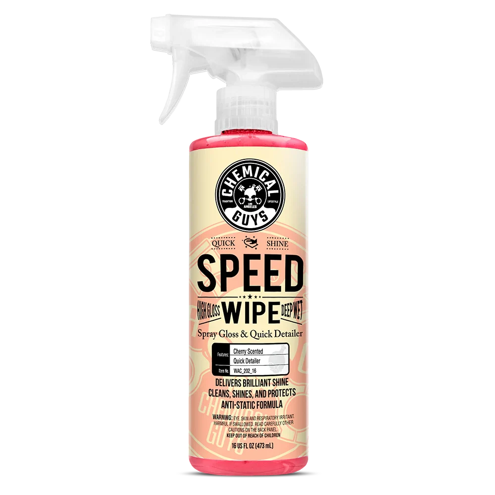 Spray bottle labeled 'Speed Wipe' by Chemical Guys on a white background