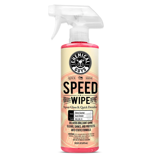 Spray bottle labeled 'Speed Wipe' by Chemical Guys on a white background