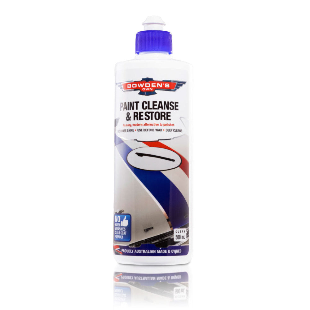 A bottle of Bowden's Own Paint Cleanse & Restore with a blue cap and label featuring red and white text.