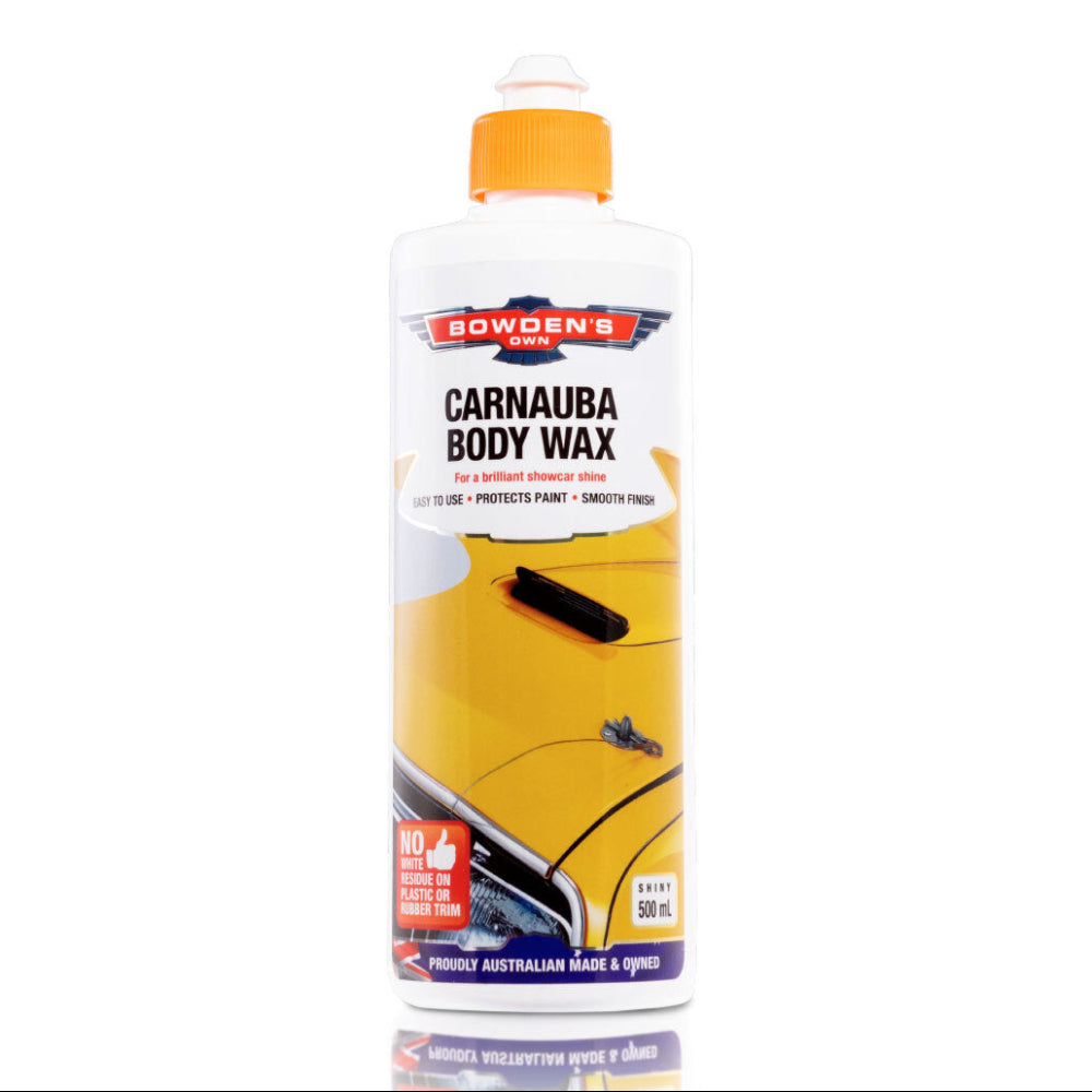 A bottle of Bowden's Own Carnauba Body Wax with a label featuring an image of a yellow vehicle.