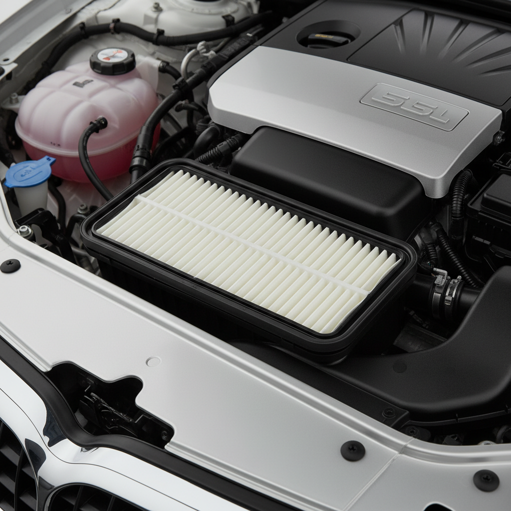 Close-up of automotive air filter installed inside a modern car engine bay, realistic textures, professional automotive photography, sharp focus - Squire image 