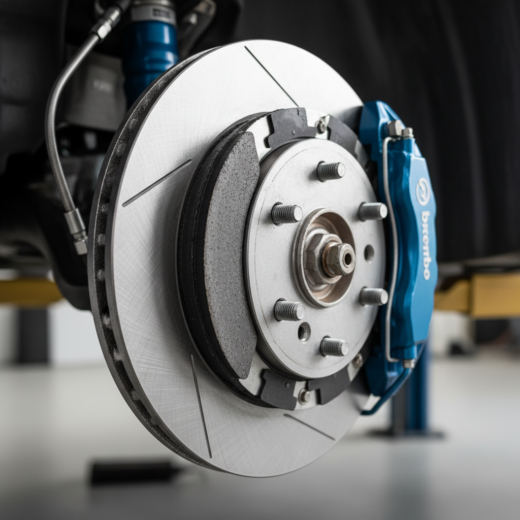 Close-up of brake pads installed on a car brake disc and caliper, modern vehicle braking system, realistic textures, professional automotive photography- squire image 