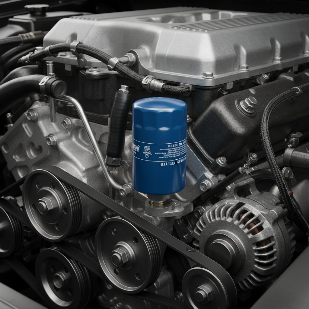Oil filter installed near car engine, close-up automotive photography, modern vehicle engine bay, realistic textures, professional lighting squire image 